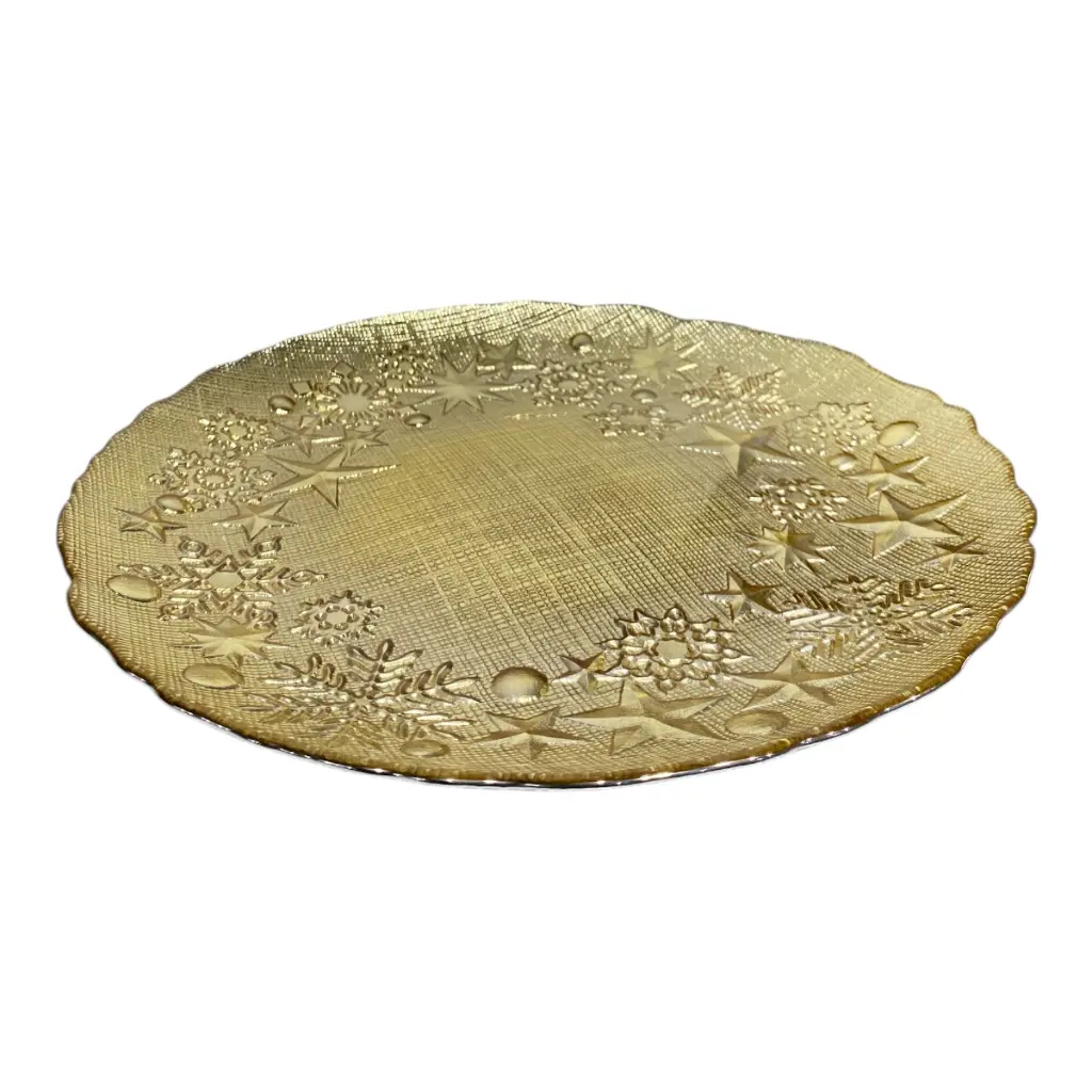 BANDEJA DE VIDRIO DORADA ESTRELLAS Y COPOS 31CM