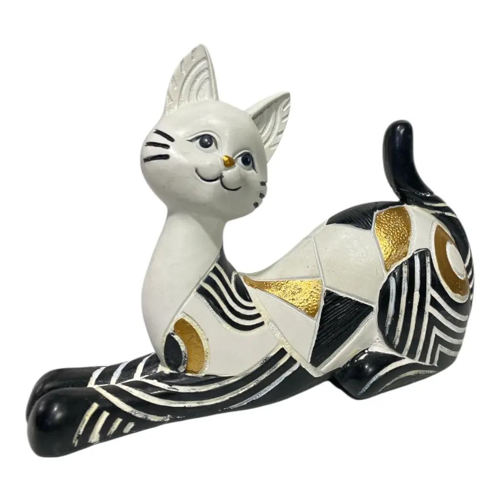 GATO DECOR POLIRESINA BLANCO/NEGRO DORADO 20X6X14CM