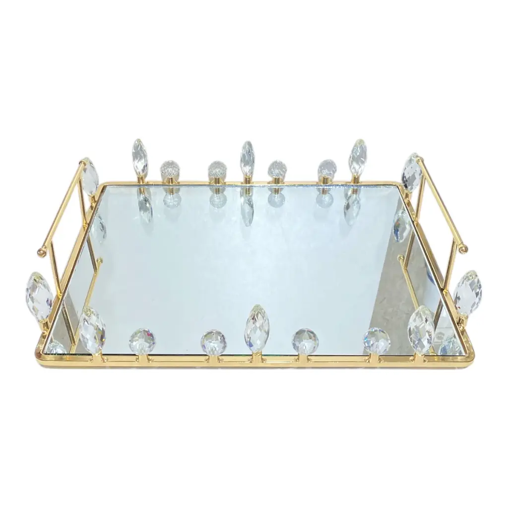 BANDEJA BASE DE ESPEJO DORADA/CRISTALES 35X25X8CM