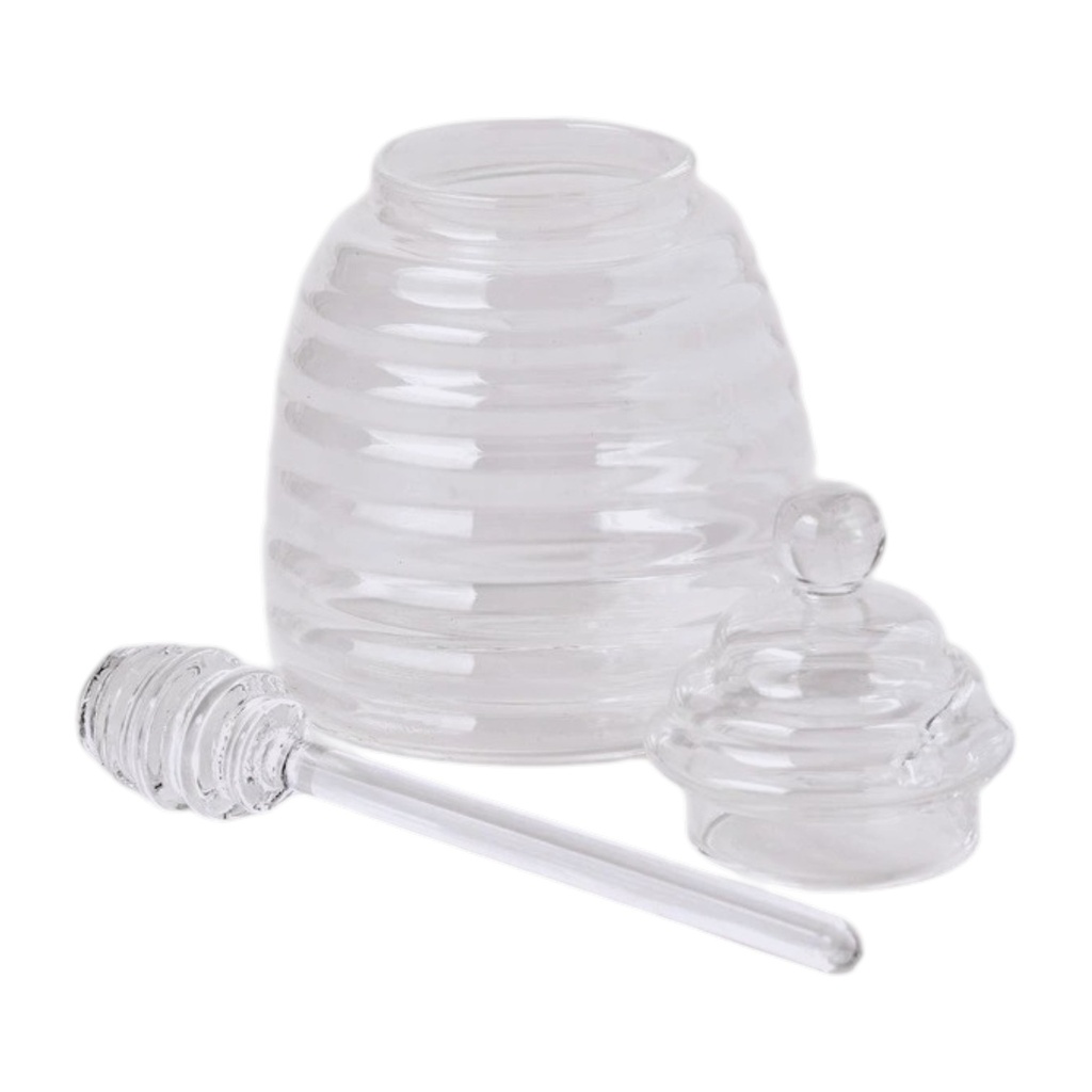 FRASCO PARA MIEL DE VIDRIO CON TAPA Y MIELERO 14X19CM