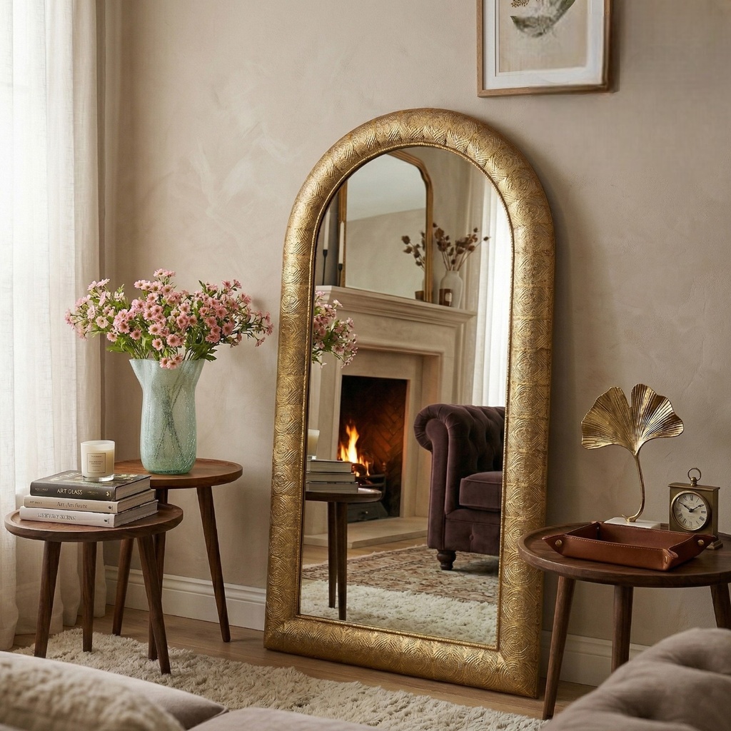 ESPEJO METALICO DORADO DE PARED O PISO CON ATRIL 81X157CM