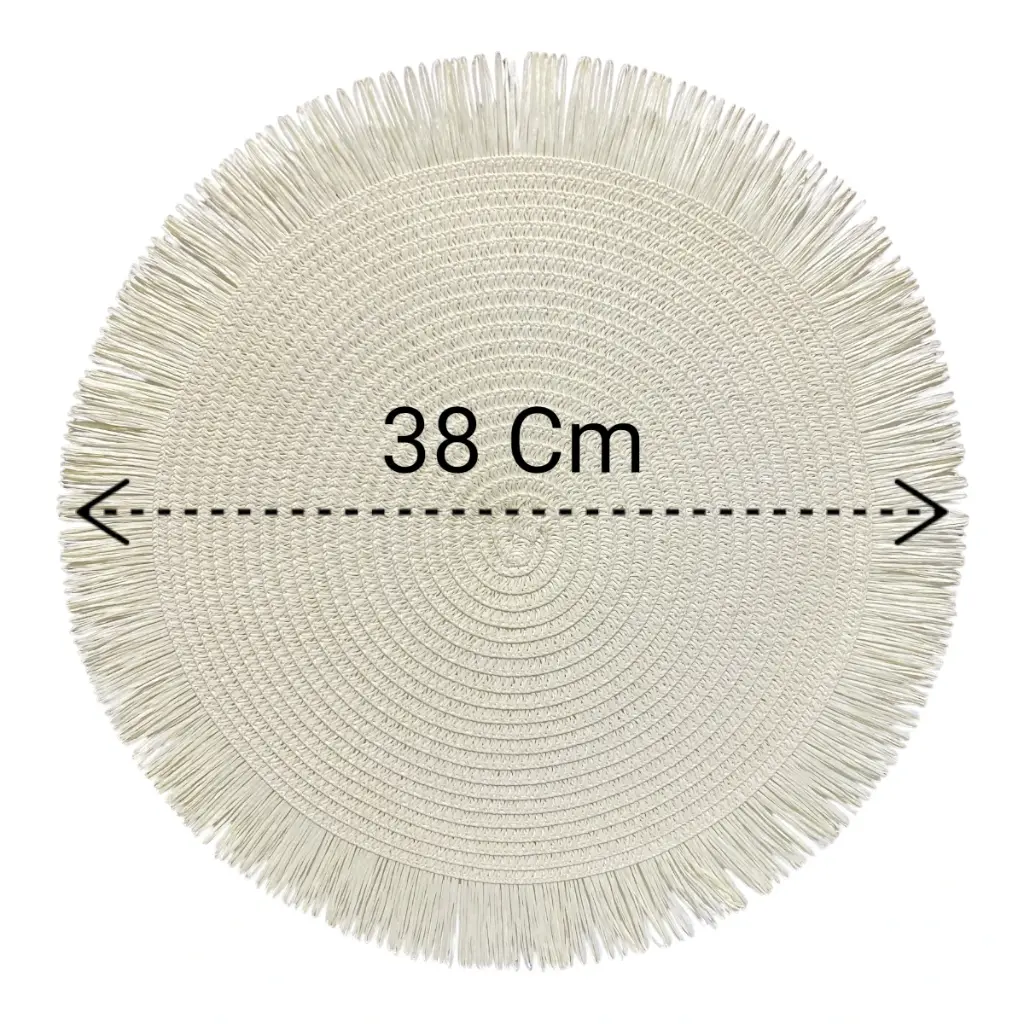 INDIVIDUAL REDONDO BLANCO CON FLECOS 38CM