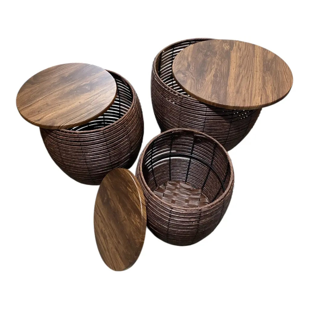 MESAS CAFE REDONDA TEJIDO NATURAL SETX3, PT151-031. 30X30CM, 35X35CM, 45X38CM