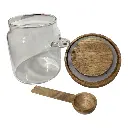 FRASCO DE VIDRIO MEDIANO CON TAPA DE MADERA Y CUCHARA Ø9X16CM