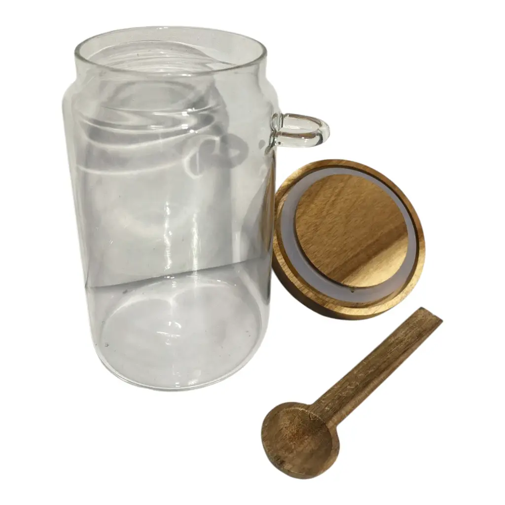 FRASCO DE VIDRIO MEDIANO CON TAPA DE MADERA Y CUCHARA Ø9X16CM