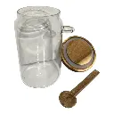FRASCO DE VIDRIO MEDIANO CON TAPA DE MADERA Y CUCHARA Ø9X16CM