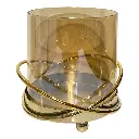 CANDELABRO DE VIDRIO AMBAR CON BASE DE HIERRO DORADA 11X12CM