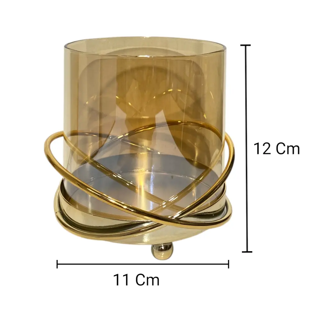 CANDELABRO DE VIDRIO AMBAR CON BASE DE HIERRO DORADA 11X12CM