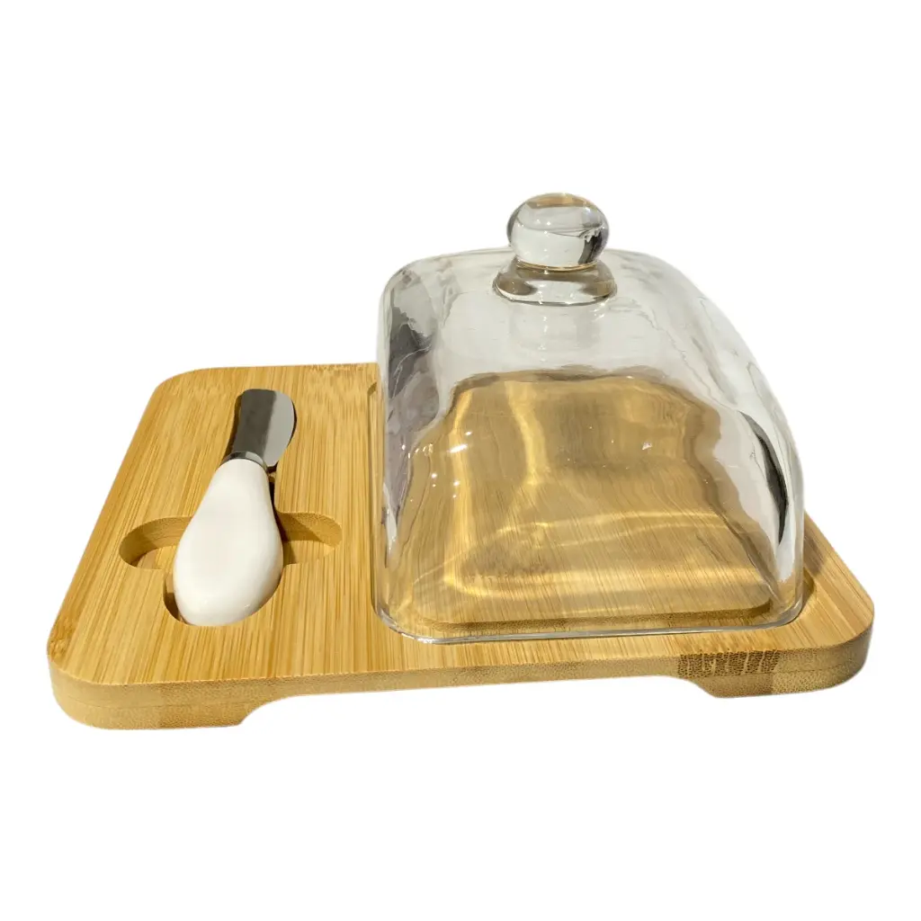 MANTEQUILLERA DE BAMBOO CON TAPA DE VIDRIO/ESPATULA 18X19X9CM 