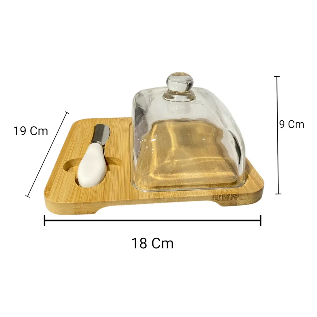 MANTEQUILLERA DE BAMBOO CON TAPA DE VIDRIO/ESPATULA 18X19X9CM 
