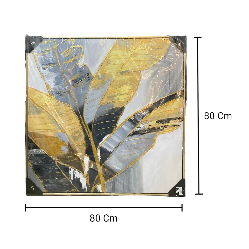 CUADRO LIENZO OLEO HOJA DE BANANO MARCO DORADO 80X80CM