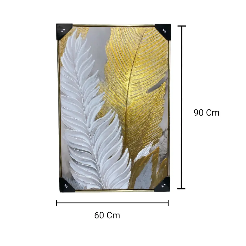 CUADRO AL OLEO  PLUMAS DORADO/BLANCO C/MARCO FILO DORADO 60X90CM 