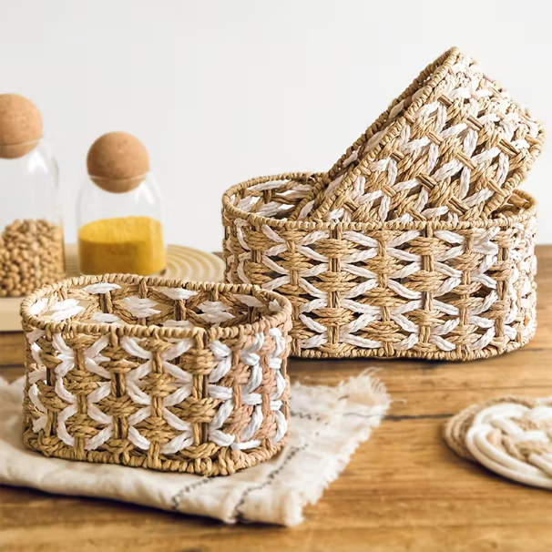 SET DE 3 CANASTAS YUTE OVALADAS P:21X10X11CM, M:24X11X16CM, G:28X12X19CM - SC11526 