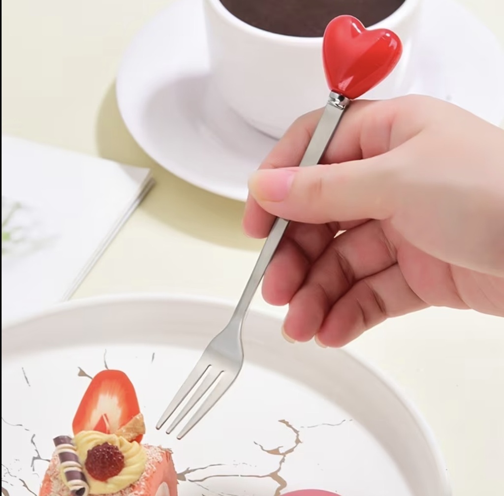 SET DE 3 TENEDOR CORAZON ACERO Y PORCELANA 15CM