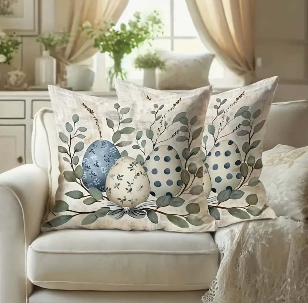 FORRO DE COJIN PASCUA HUEVO Y EUCALIPTO 45X45CM