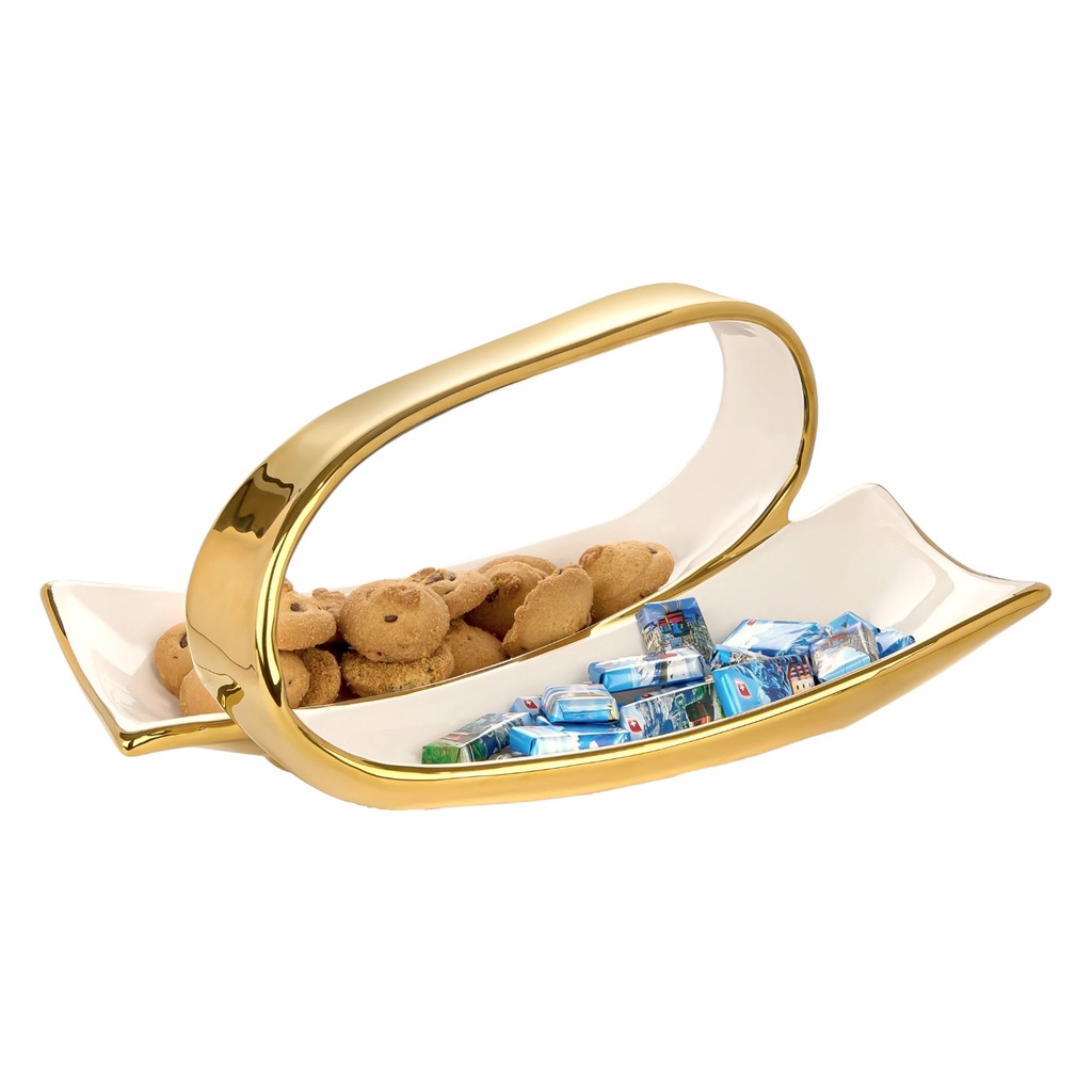 BANDEJA BLANCA/DORADA, PORCELANA 34.5X19X12CM