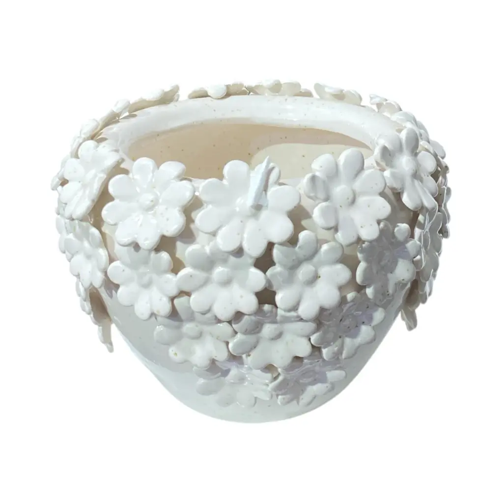 FLORERO DECORADO CON FLORES DE PORCELANA, Ø18X13CM