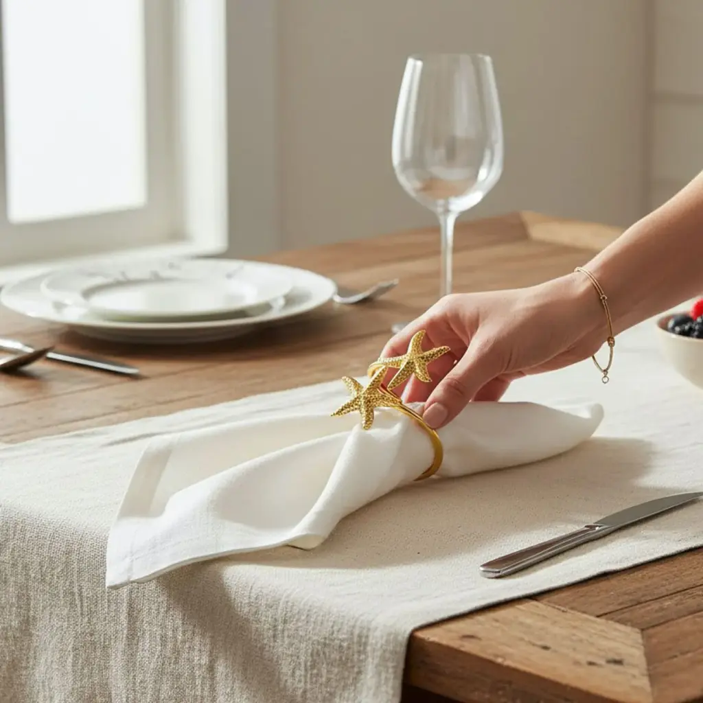 AROS DE SERVILLETA ESTRELLA DE MAR DORADOS, METALICOS SETX6PZS. REF:ES28478