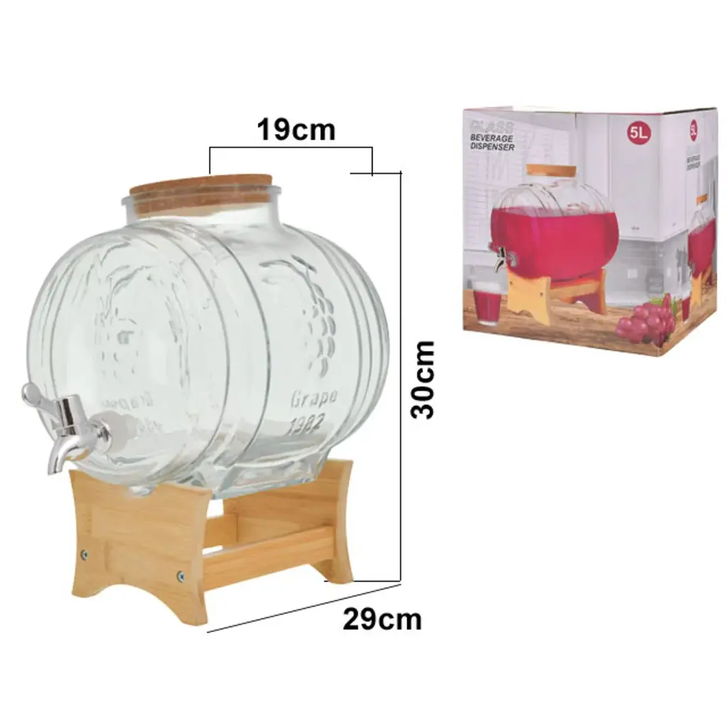 DISPENSADOR LIQUIDOS VIDRIO/BASE MADERA REF:SAN5454 5LT.