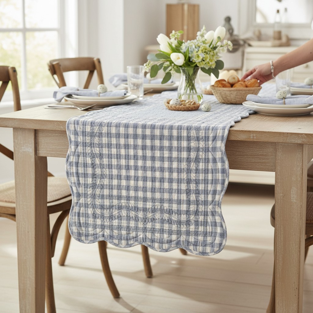 CAMINO DE MESA CUADROS REVERSIBLE CELESTE 35X182CM