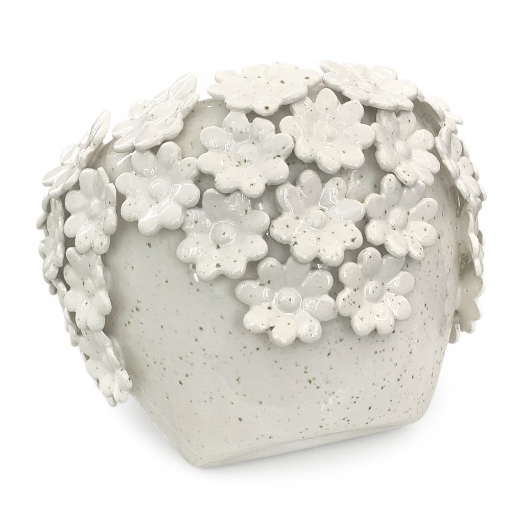 FLORERO DECORADO CON FLORES DE PORCELANA, Ø18X13CM