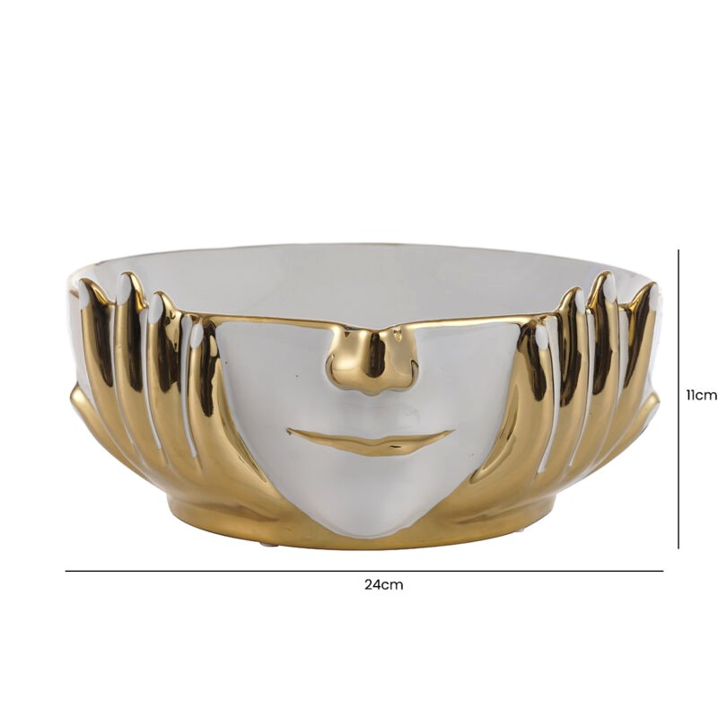 BANDEJA CENTRO DE MESA PORCELANA DORADO/BLANCO ROSTRO 24X25X11CM