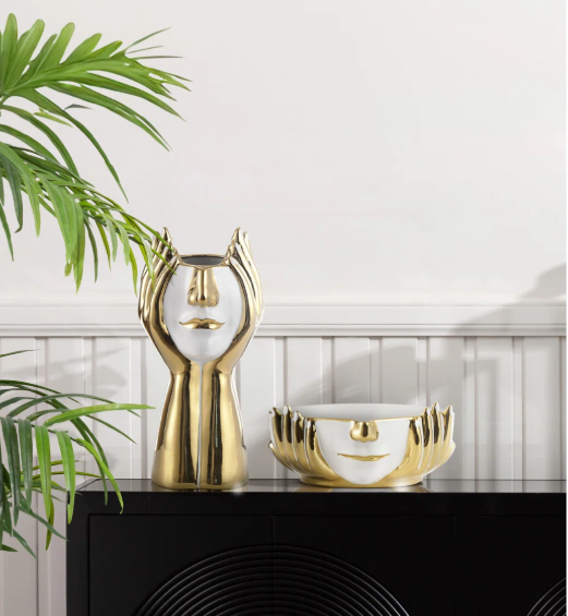BANDEJA CENTRO DE MESA PORCELANA DORADO/BLANCO ROSTRO 24X25X11CM