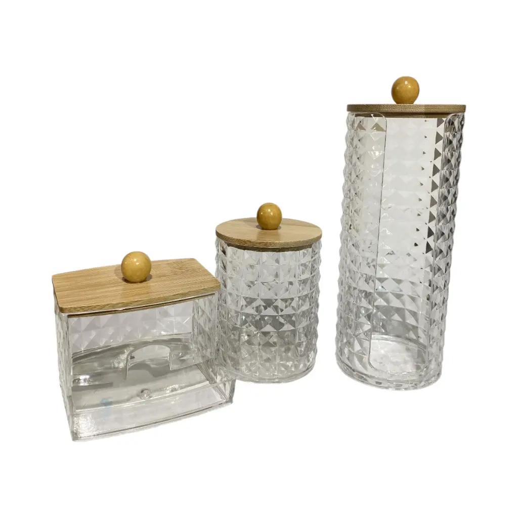 ORGANIZADOR DE BAÑO/MAQUILLAJE SETX3 PZ. ACRILICO TRANSPARENTE/TAPA BAMBOO 