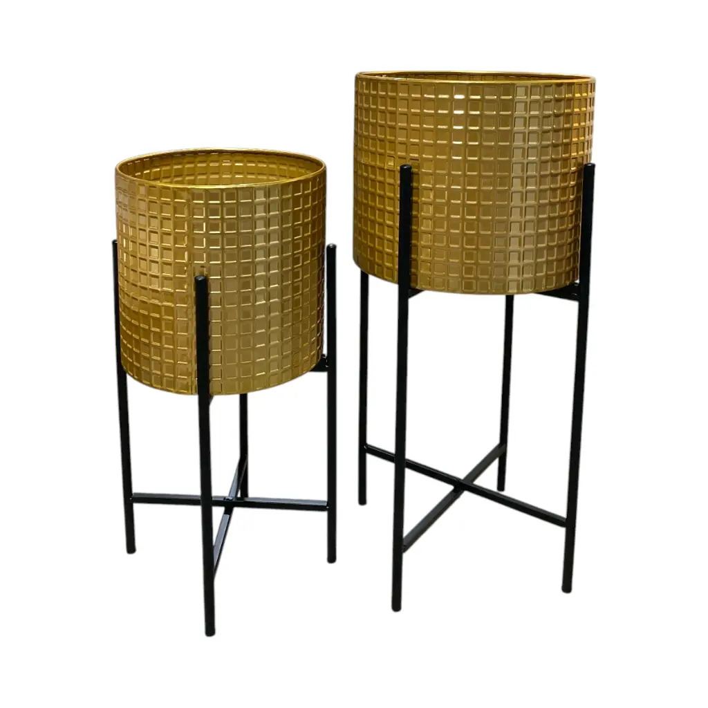 SET DE PORTA MACETAS METALICO DORADO 30X30X78CM Y 27X27X68CM