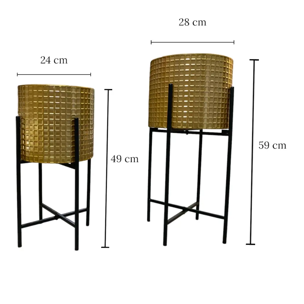 SET DE PORTA MACETAS METALICO DORADO 30X30X78CM Y 27X27X68CM