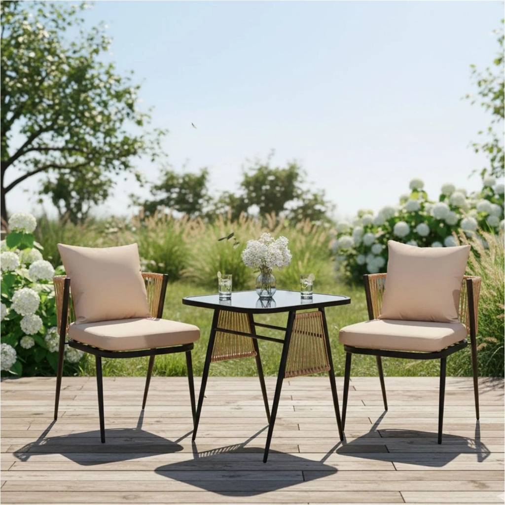 MESA METALICA C/SILLAS RATTAN P/EXTERIOR X3PZ. REF:WR-S2504 56X53X70CM 70X59X74CM