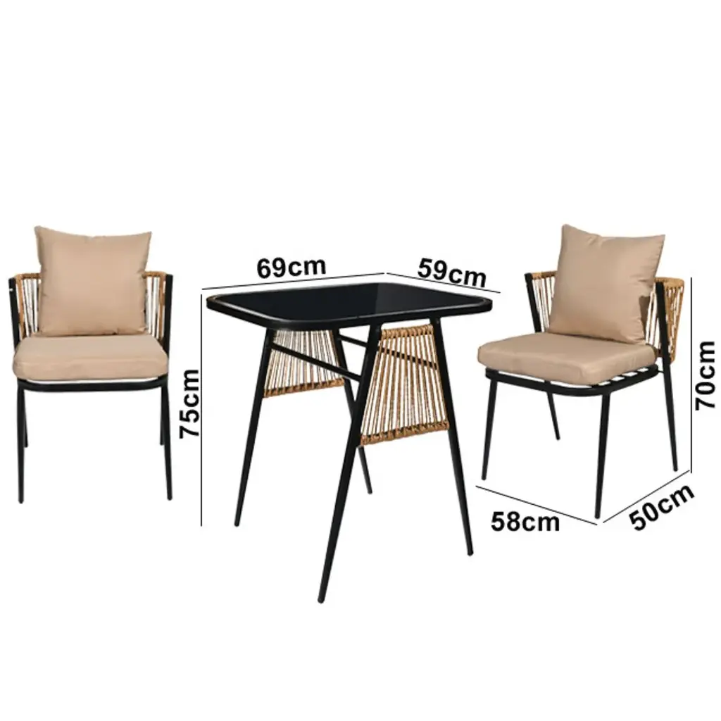 MESA METALICA C/SILLAS RATTAN P/EXTERIOR X3PZ. REF:WR-S2504 56X53X70CM 70X59X74CM