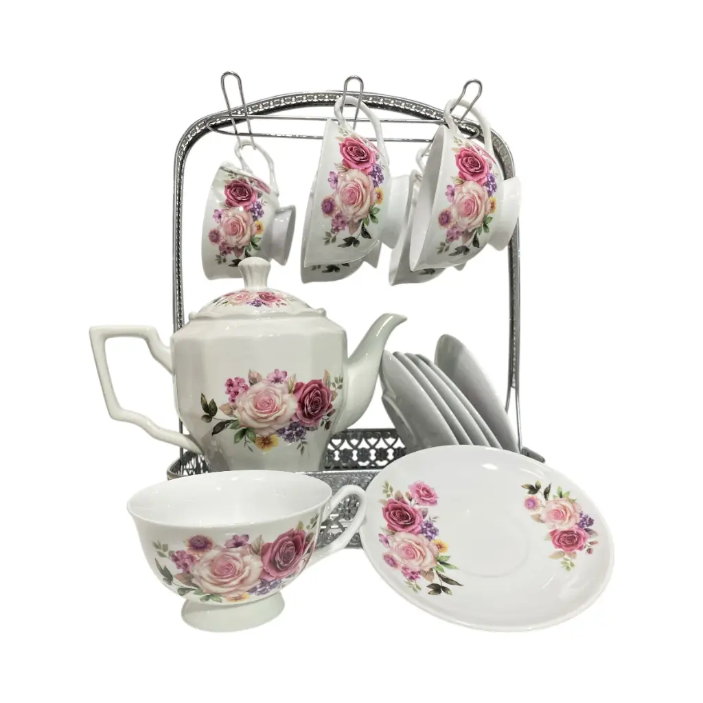 SET DE TAZAS/PLATO Y TETERA DE CERAMICA 14PCS. 27X18X32CM TETERA 1200ML, TAZA 220ML