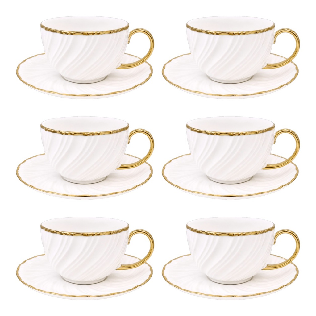 SET DE 6 TAZA/PLATO PORCELANA FILO DORADO, 12PCS. 250ML 