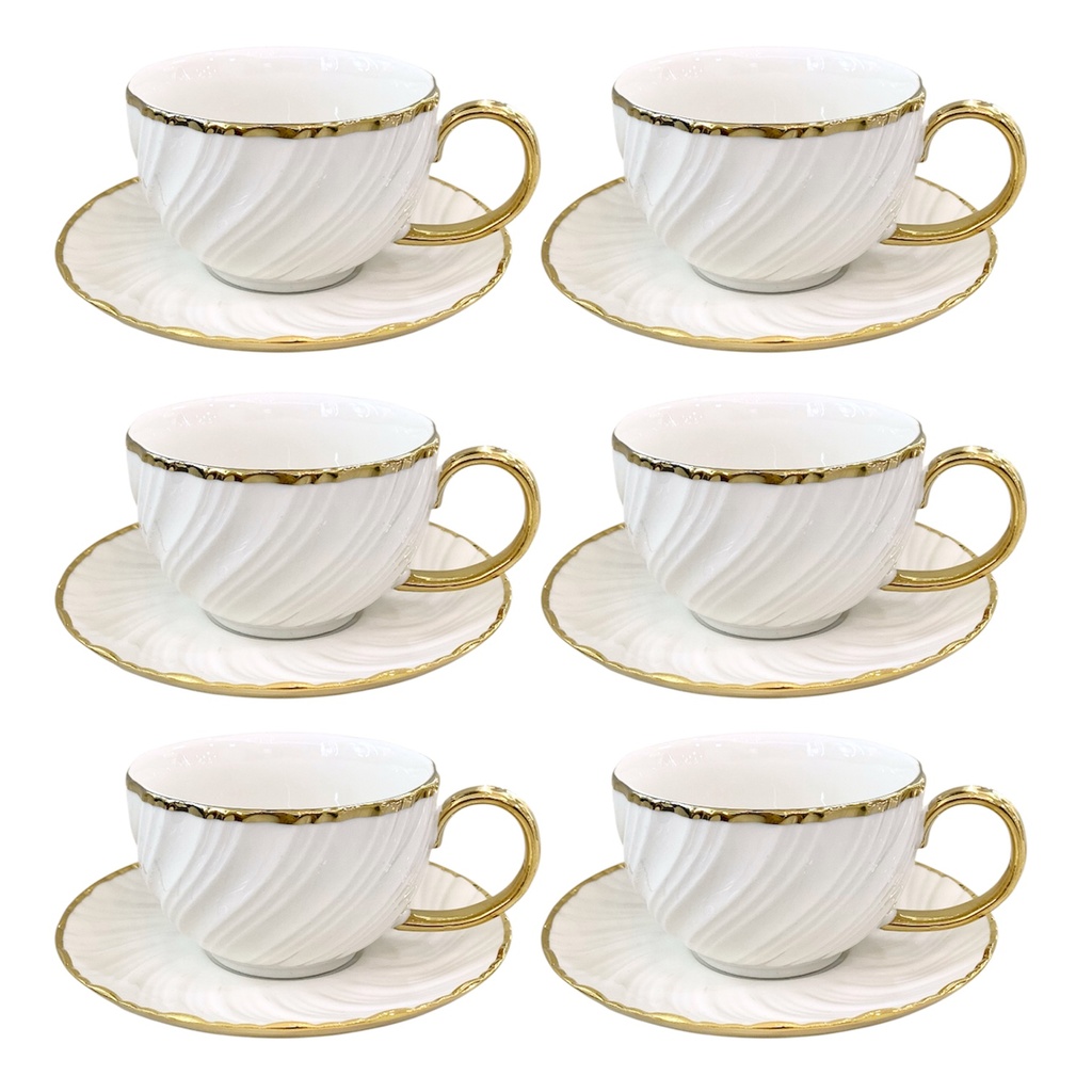 SET DE 6 TAZA/PLATO PORCELANA FILO DORADO, 12PCS. 250ML 