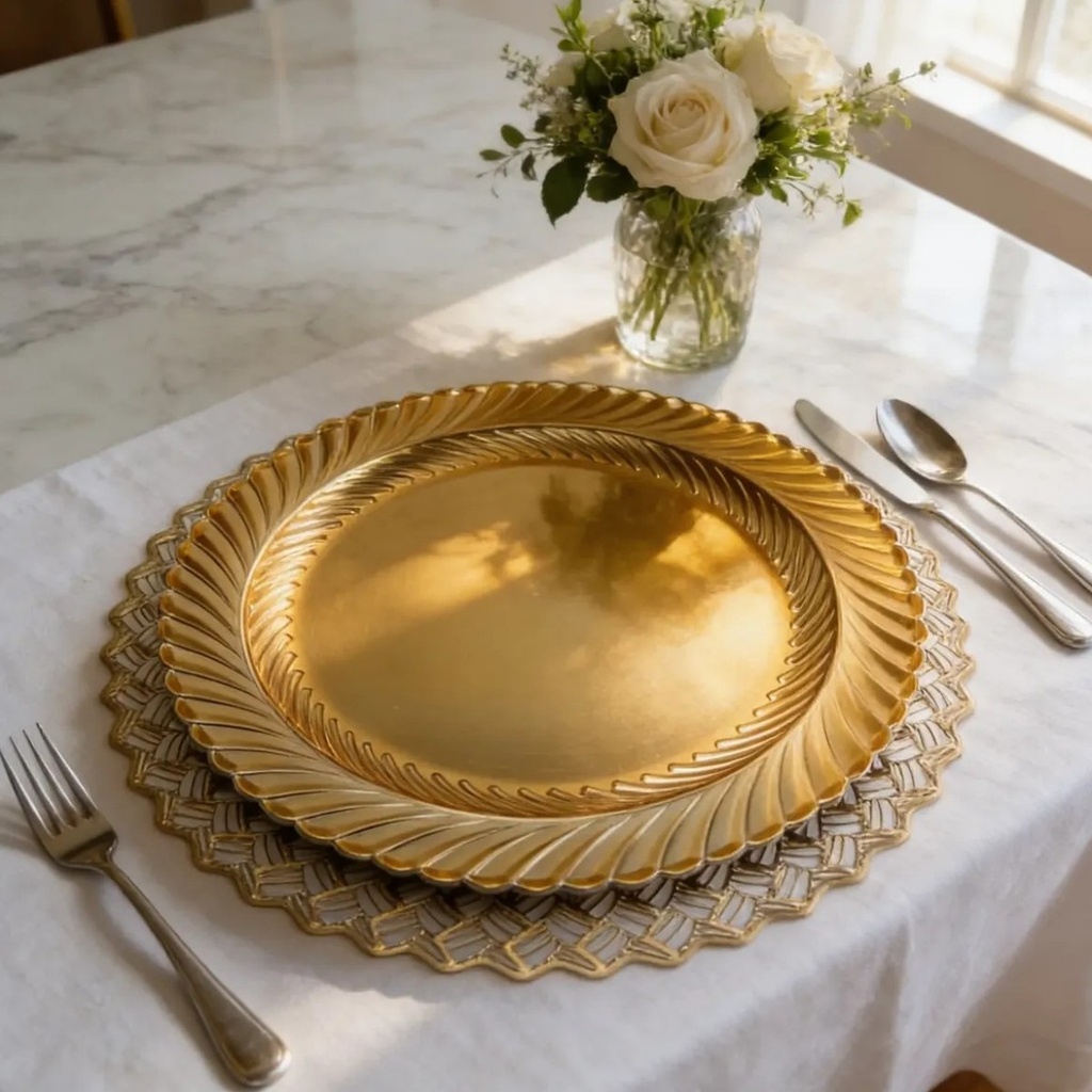 PLATO BASE PVC DORADO CON TEXTURA HOJAS 33CM 