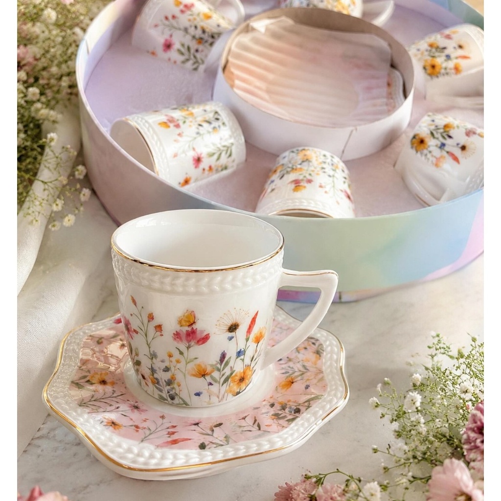 JUEGO DE 6 TAZAS CON PLATO FLORAL CERAMICA X12PCS. 200ML