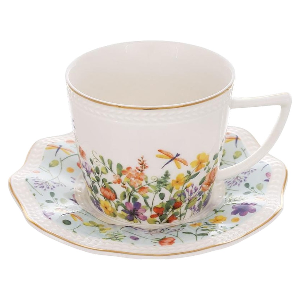 JUEGO DE 6 TAZAS CON PLATO FLORAL CERAMICA X12PCS. 200ML