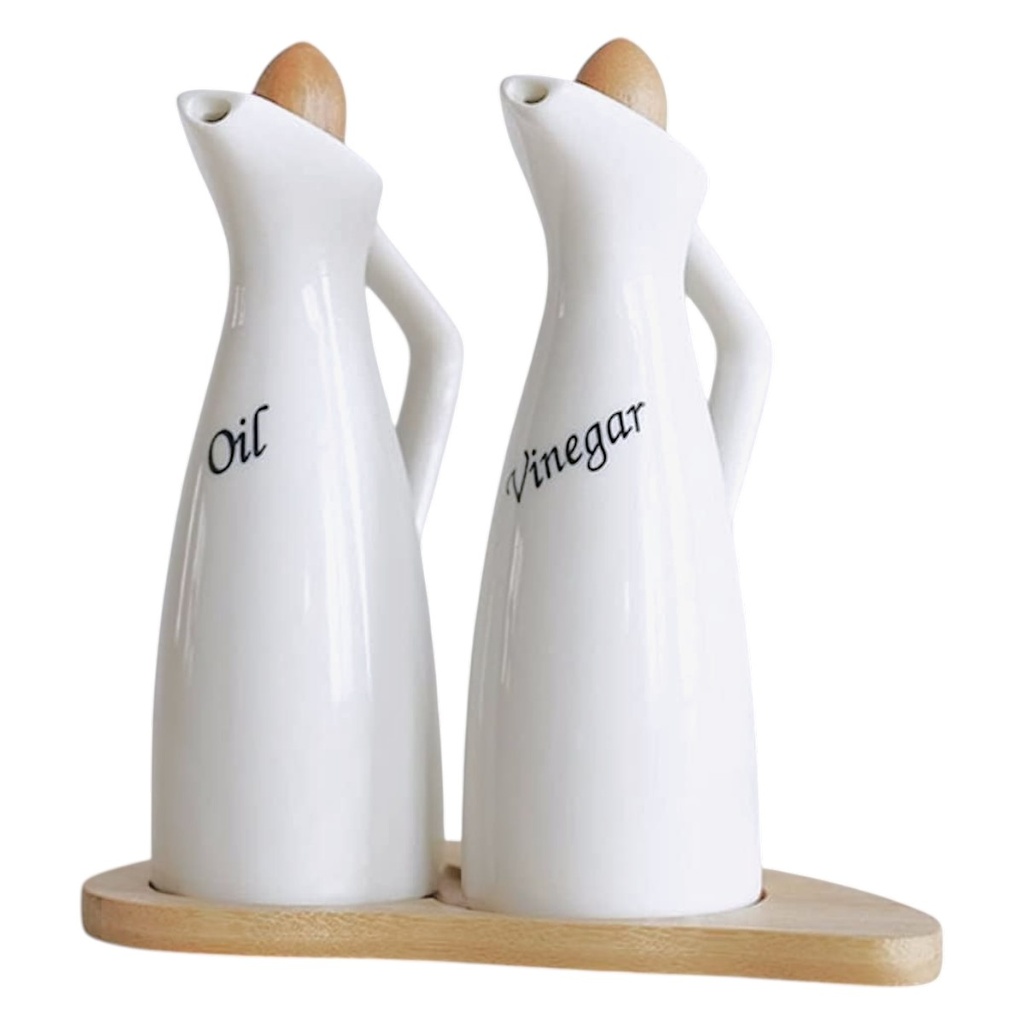 SET DE 3PCS ACIETE Y VINAGRE DE CERAMICA CON BASE DE BAMBOO 20X10X21CM