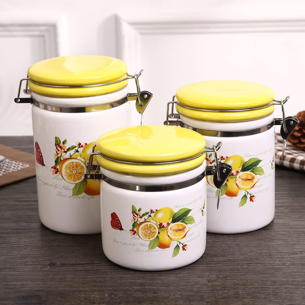 SET DE 3 FRASCOS DE CERAMICA CON DISEÑO DE LIMON 11X17.5CM, 11X14.5CM, 11X12CM