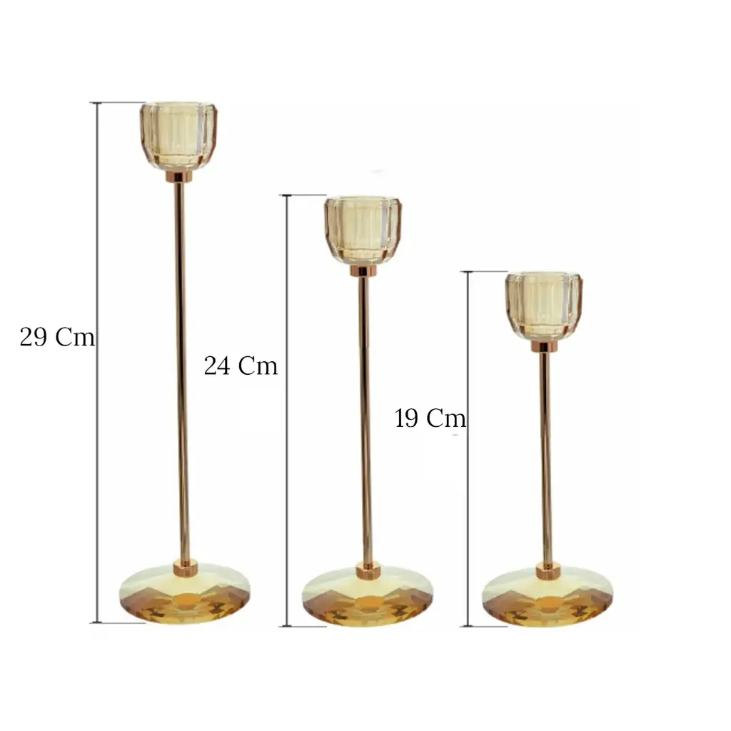 CANDELABRO METAL/VIDRIO DORADO X3PZ. REF:ES29260 8X19CM/24CM/29CM