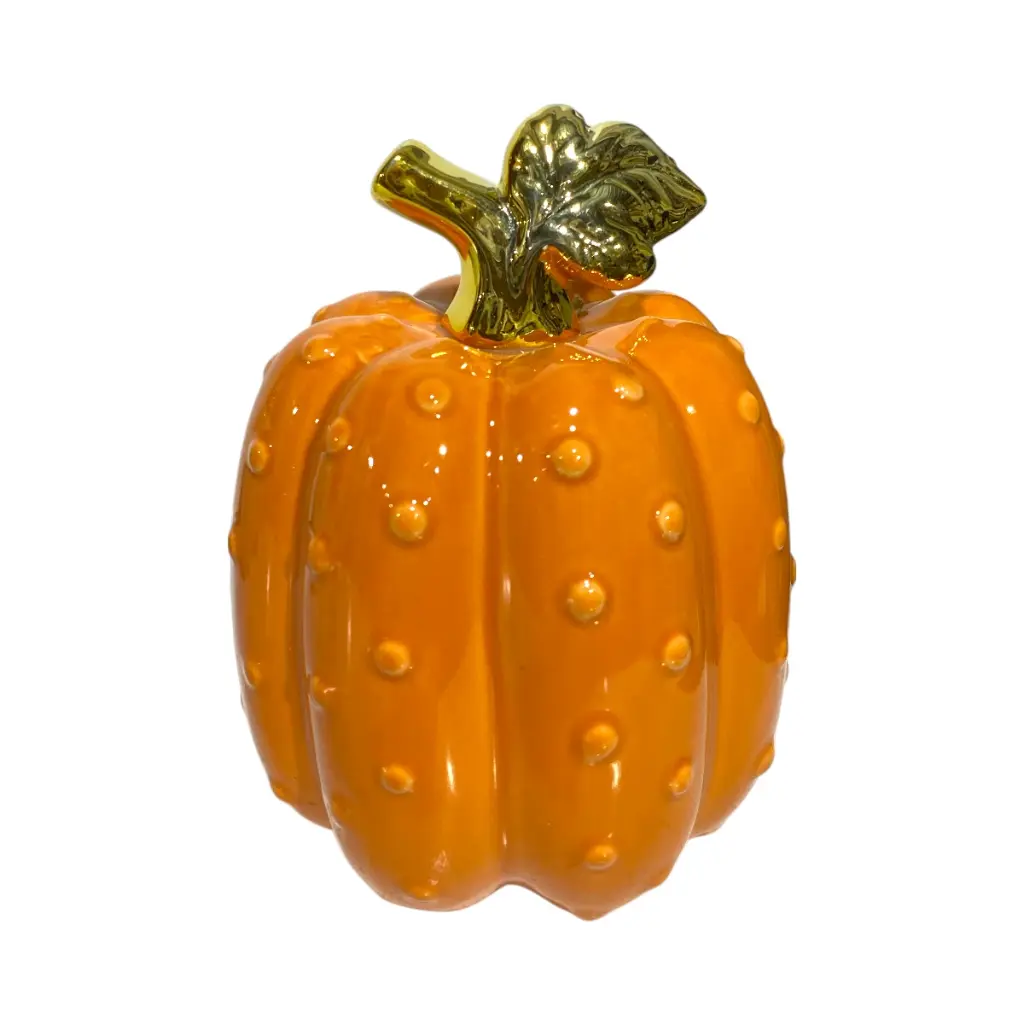 Calabaza Decorativa de Cerámica Premium Brillante con Tallo Dorado, 11x15Cm