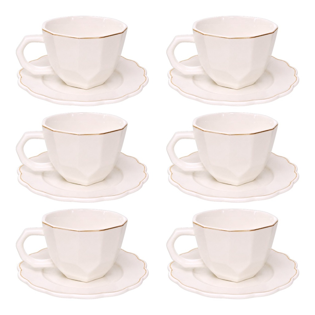 SET DE 6 TAZA/PLATO PORCELANA FILO DORADO, 12PCS. 200ML