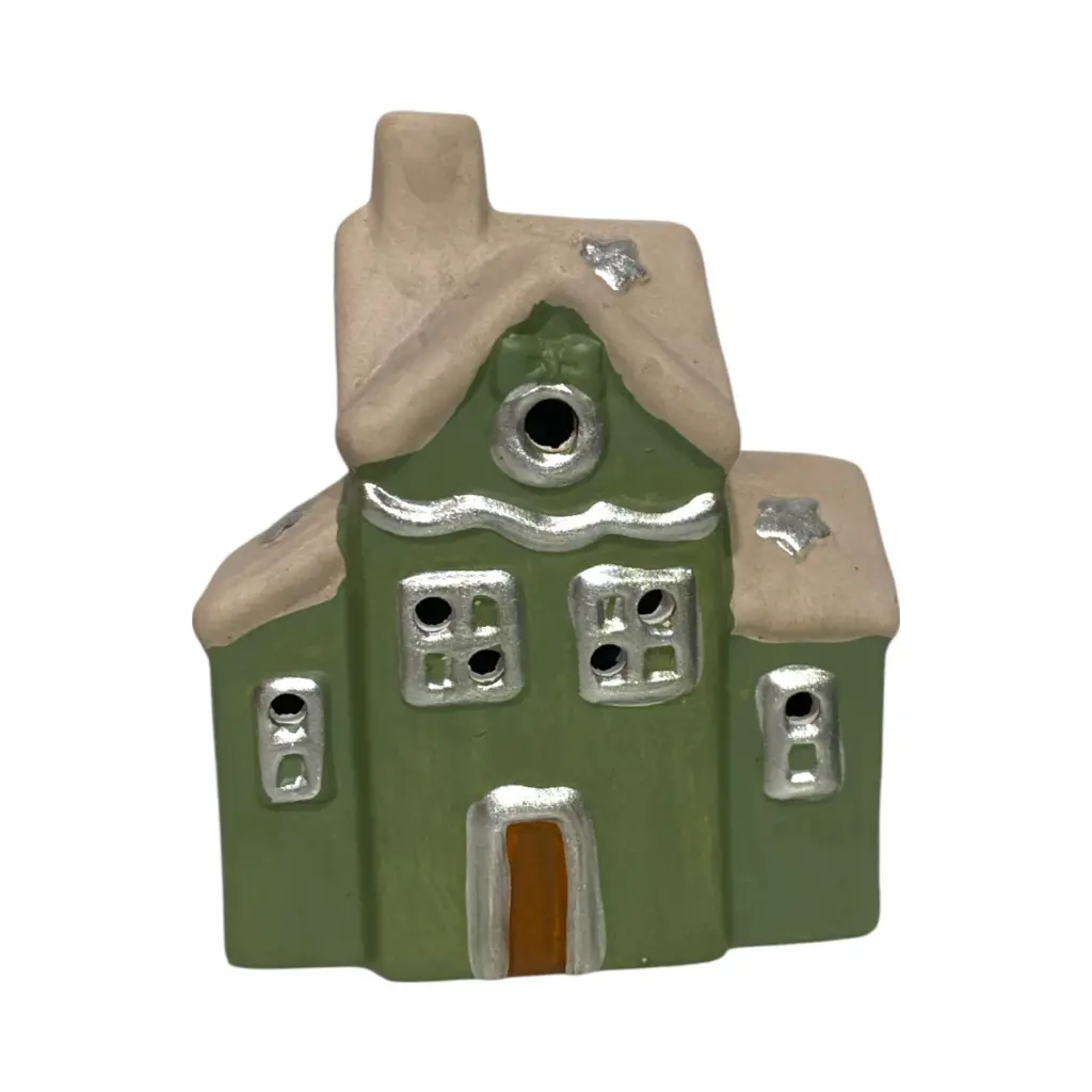 Casa Navideña verde de ceramica con luz led, 13x7.5x16cm