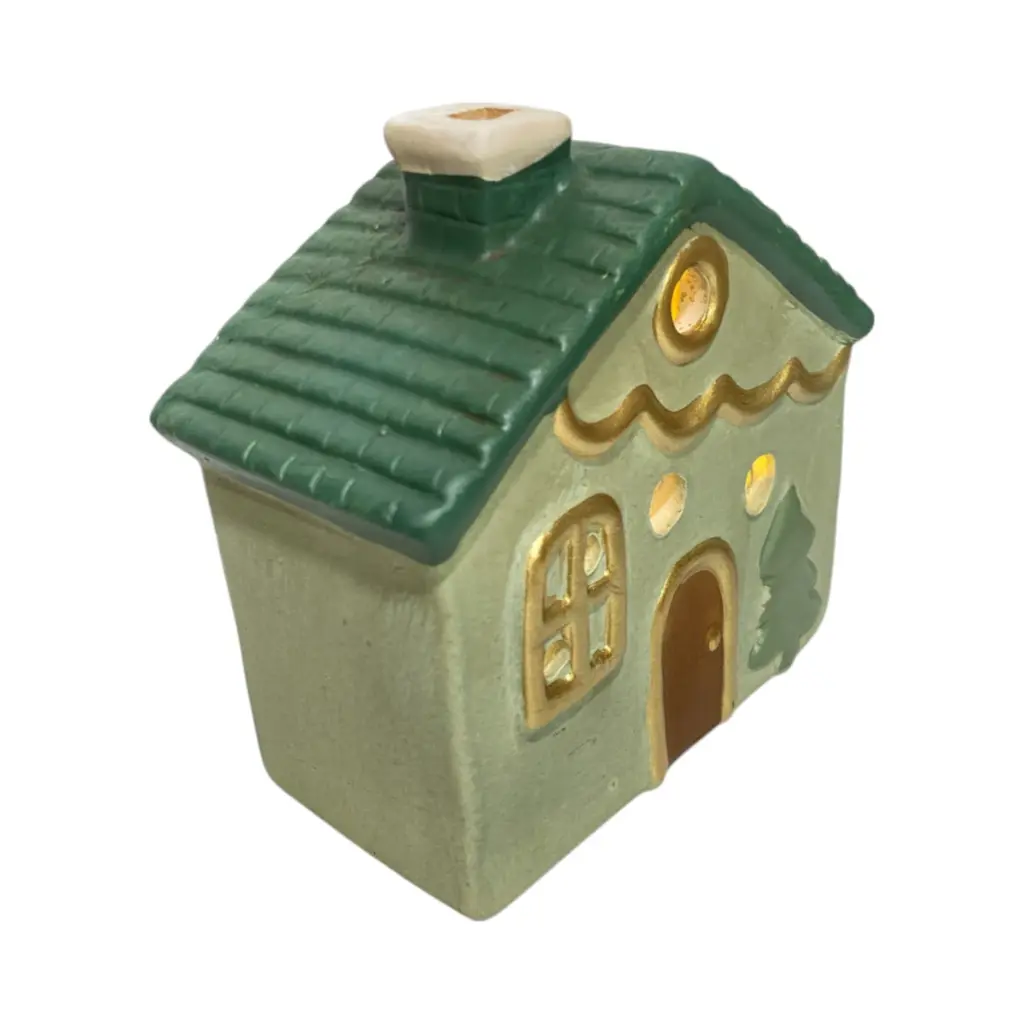 Casa Navideña verde de cerámica con luz led, 14x7x13cm