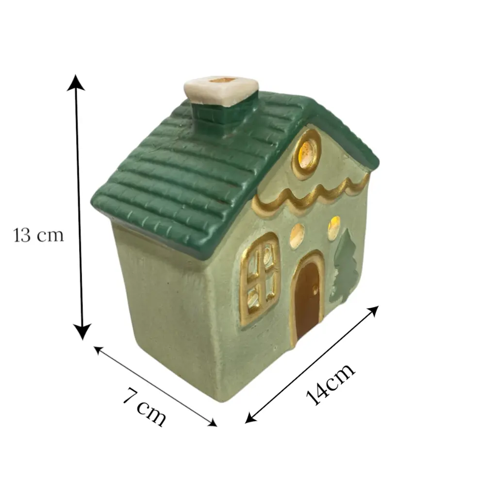 Casa Navideña verde de cerámica con luz led, 14x7x13cm