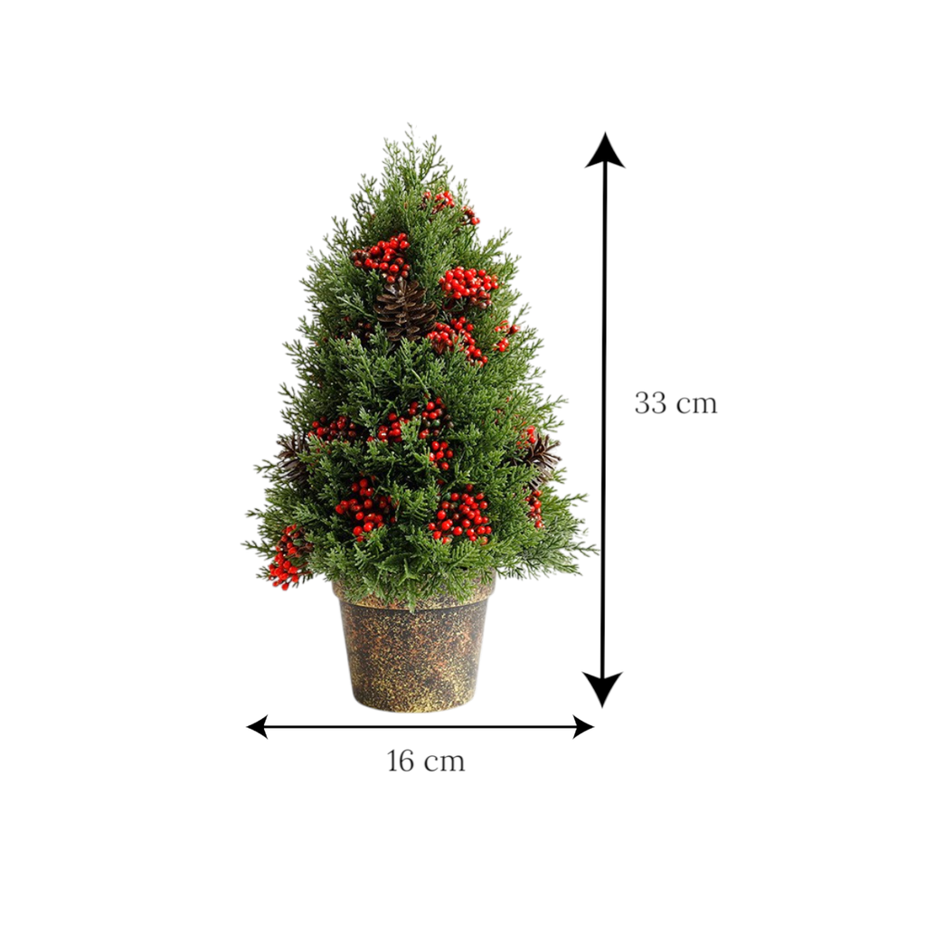 Árbol de Navidad ciprés con frutos rojos y piñas, de pvc Ø16x33cm