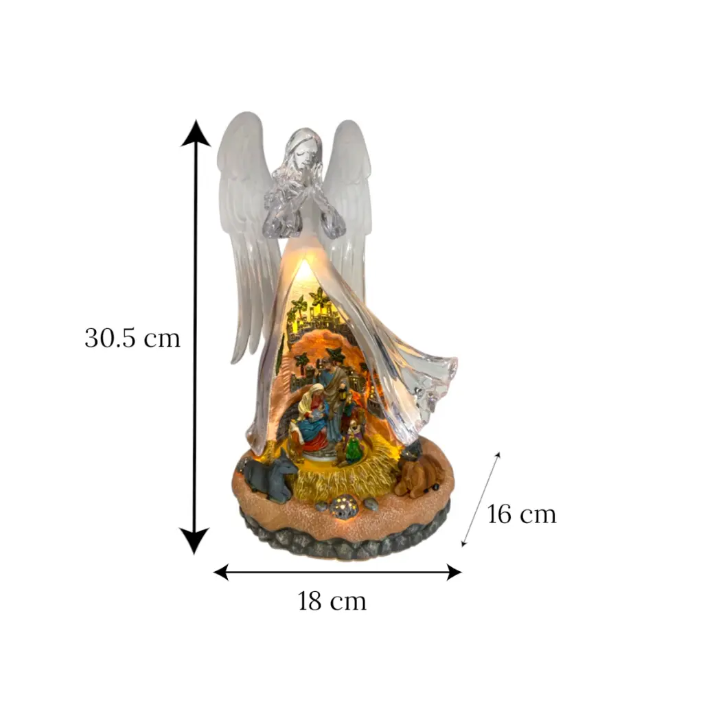 Nacimiento en Angel acrílico, con luz y musical, 3AA1.5V o USB C. 18x16x30.5cm  