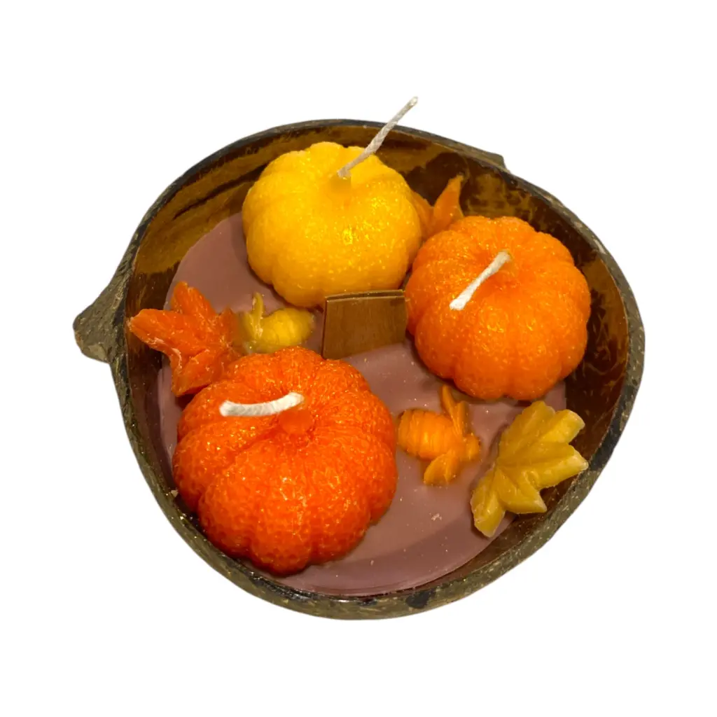 Vela Calabaza en candelabro de coco, 11x12x6cm
