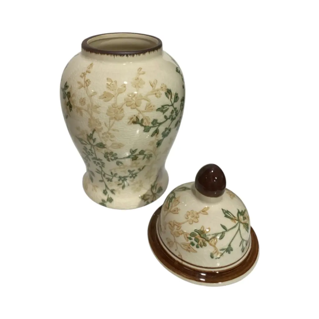 Jarrón Tibor de Cerámica Beige/Verde Musgo. Ø12cm x 25cm